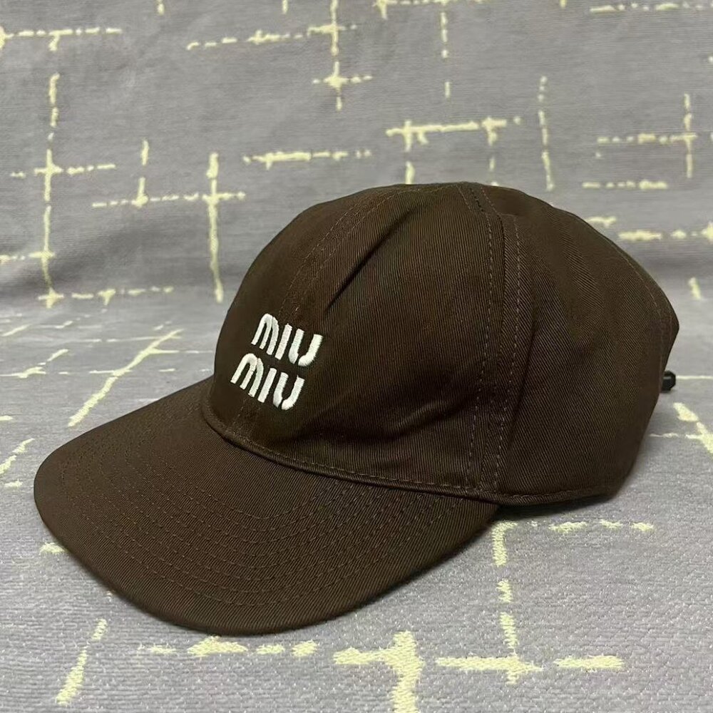 NWT Miu Miu Brown Baseball Cap | Blue Speckled Strap + Embroidered Logo
